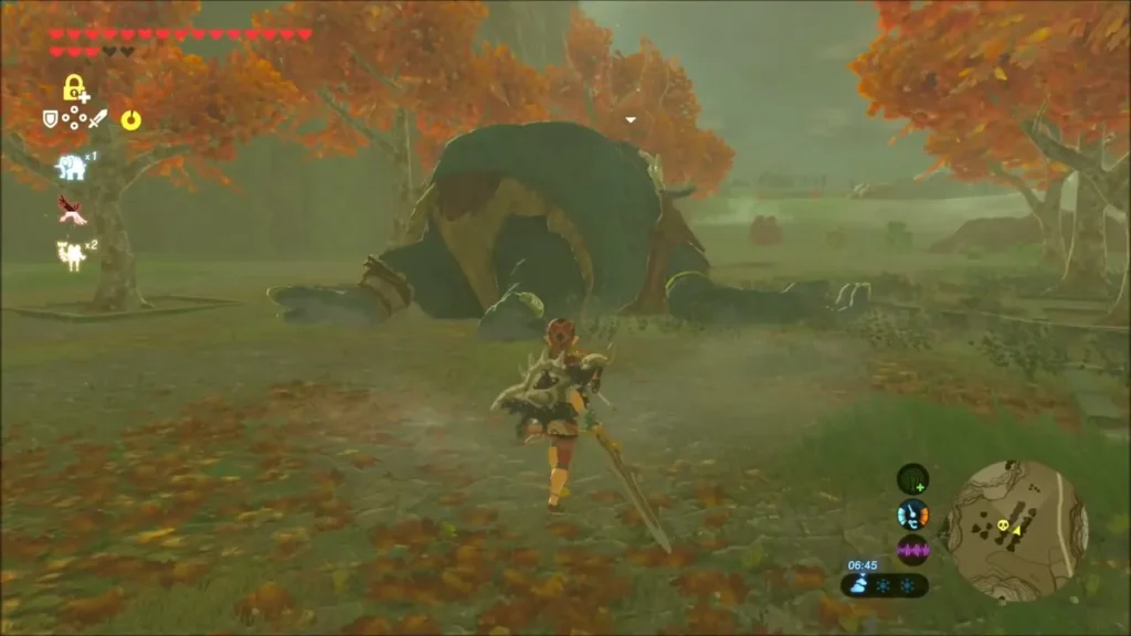 Link approaching a Hinox lying in an autumn clearing Link approaching a Hinox lying in an autumn clearing