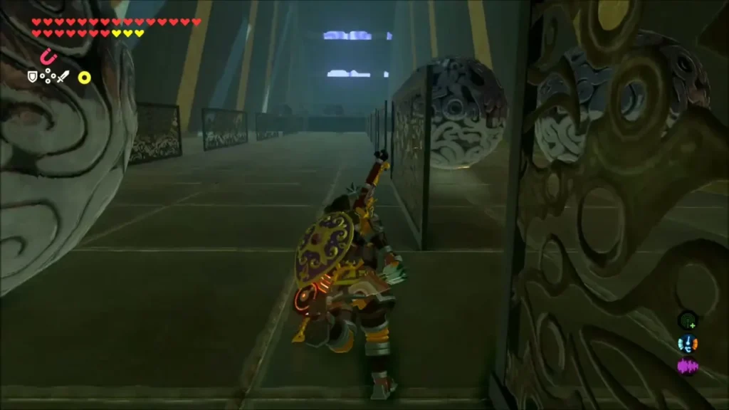 Link sidestepping a giant rolling boulder along a carved corridor Link sidestepping a giant rolling boulder along a carved corridor