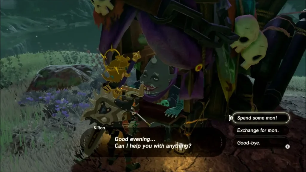 Link talking to Kilton beside his balloon shop at night Link talking to Kilton beside his balloon shop at night