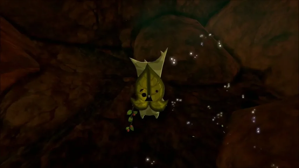 A Korok hanging with its leaf in a dark cave A Korok hanging with its leaf in a dark cave