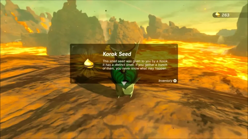 Korok Seed item box with the Korok standing on the lava rock Korok Seed item box with the Korok standing on the lava rock