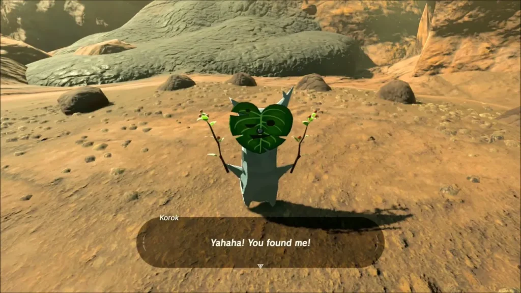 A Korok saying Yahaha, you found me, inside the ring of rocks A Korok saying Yahaha, you found me, inside the ring of rocks