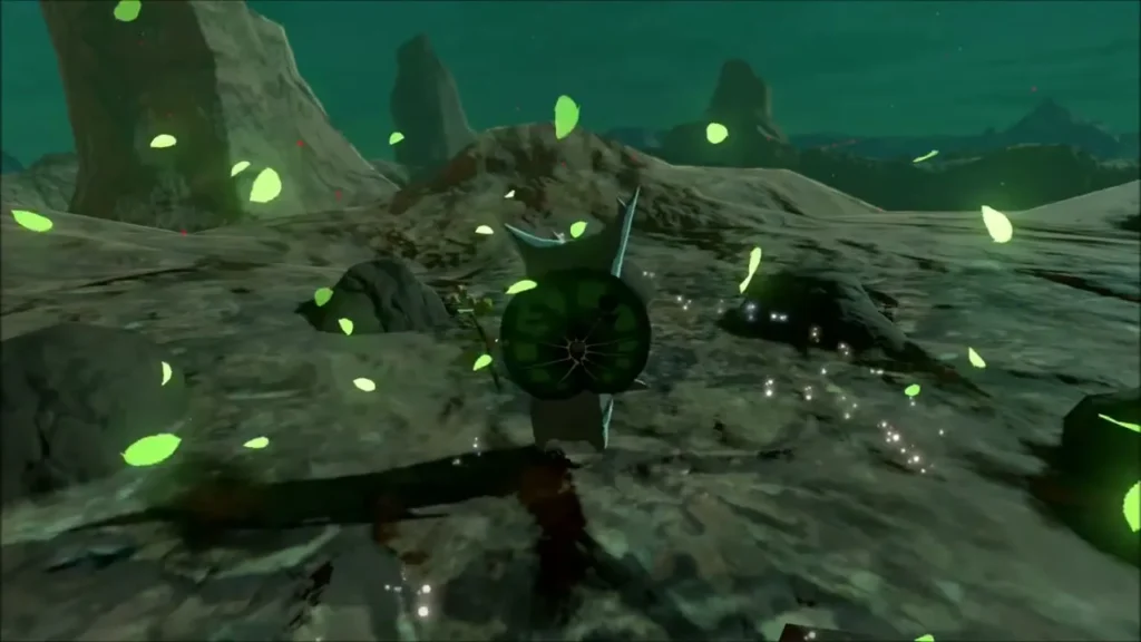 A Korok leaping out from under a lifted rock in a swirl of leaves A Korok leaping out from under a lifted rock in a swirl of leaves