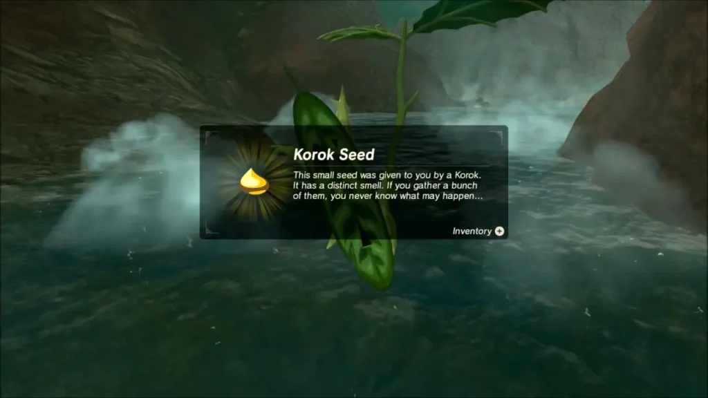 Korok Seed item box beside the leaf-faced Korok over the water Korok Seed item box beside the leaf-faced Korok over the water