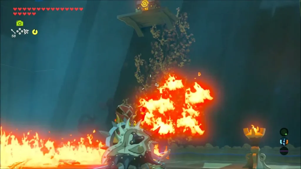 Fire arrow burning the hanging foliage beneath a lamp in the shrine Fire arrow burning the hanging foliage beneath a lamp in the shrine