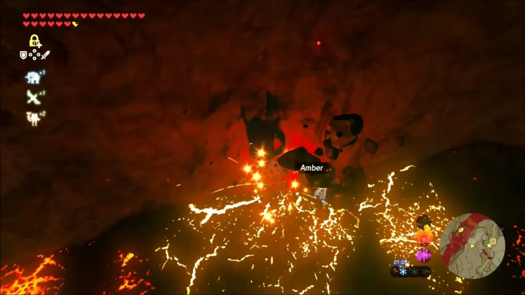 Link mining an amber gem out of a lava cave wall Link mining an amber gem out of a lava cave wall