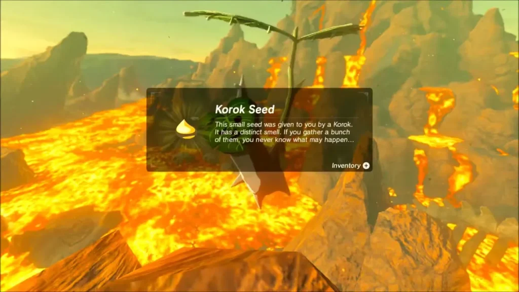 Korok Seed item box with the Korok above the lava lake Korok Seed item box with the Korok above the lava lake