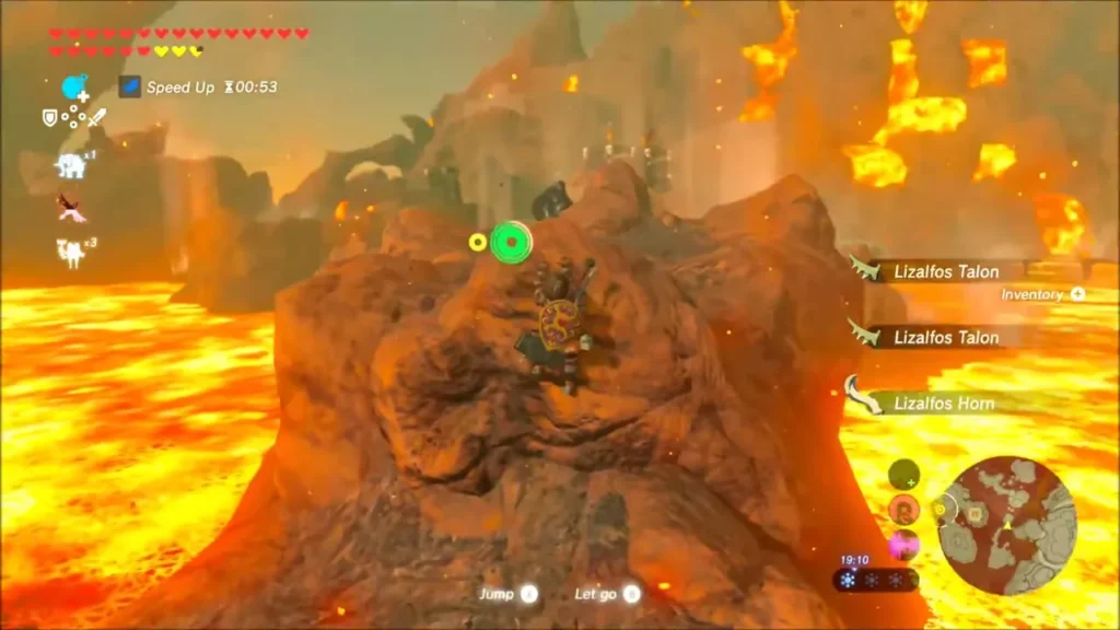 Link on a rock in the lava with Lizalfos Talons and Horn collected Link on a rock in the lava with Lizalfos Talons and Horn collected