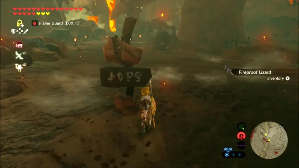 Link passing a wooden sign near the Southern Mine after catching a Fireproof Lizard Link passing a wooden sign near the Southern Mine after catching a Fireproof Lizard