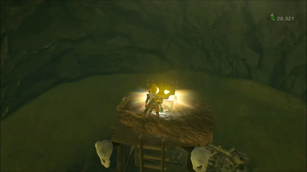 Chest glowing open on a wooden lookout platform Chest glowing open on a wooden lookout platform