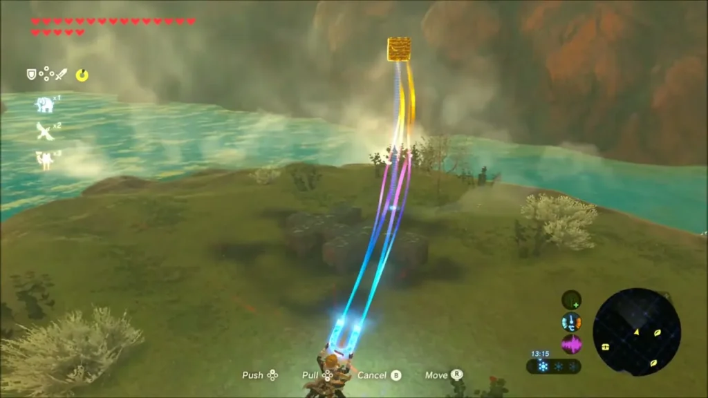 Link using Magnesis on a metal block floating above the island Link using Magnesis on a metal block floating above the island