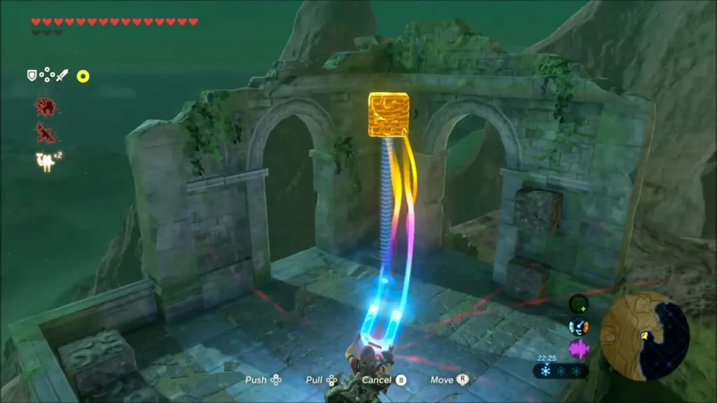 Link carrying a golden metal block with Magnesis through a ruined stone arch Link carrying a golden metal block with Magnesis through a ruined stone arch