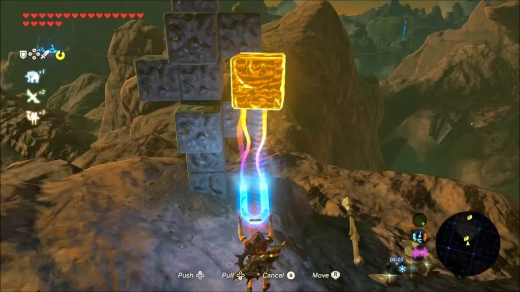 Link pulling a glowing metal block toward a stack of stone blocks on a ridge Link pulling a glowing metal block toward a stack of stone blocks on a ridge