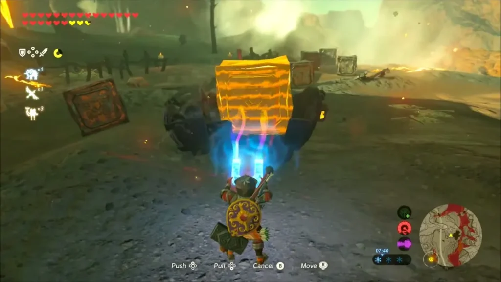 Link using Magnesis to lift a large metal crate off the ground Link using Magnesis to lift a large metal crate off the ground