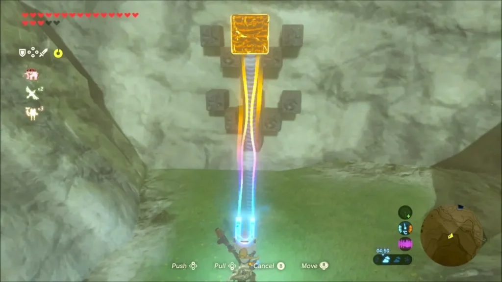 Link using Magnesis to lift the metal block above the stone column Link using Magnesis to lift the metal block above the stone column