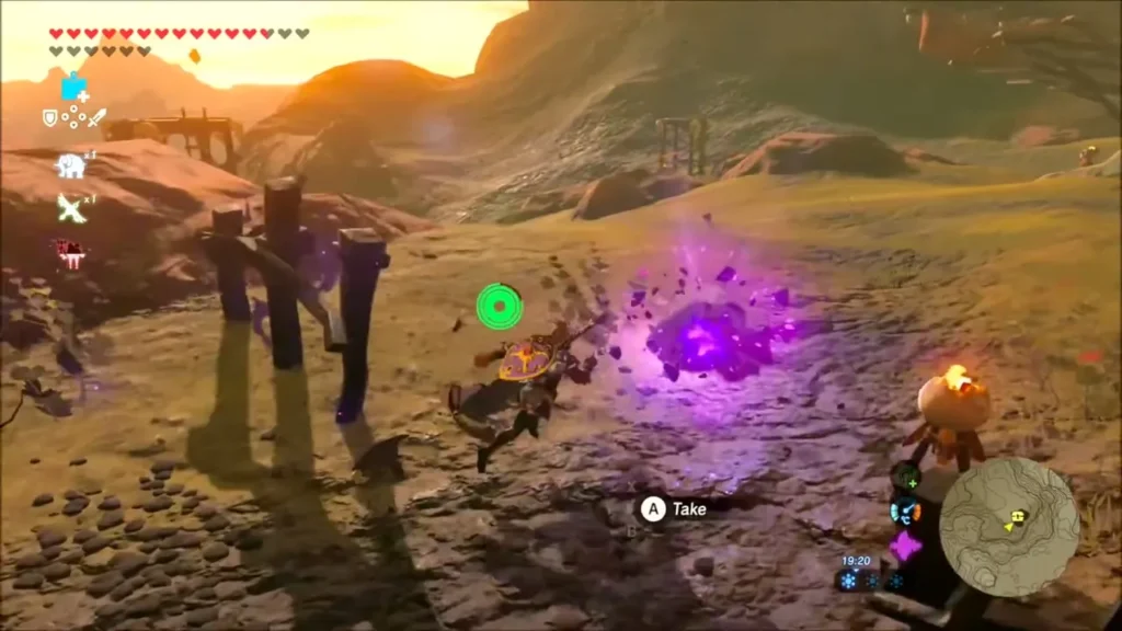 Link striking a Malice pod beside a ruined camp Link striking a Malice pod beside a ruined camp