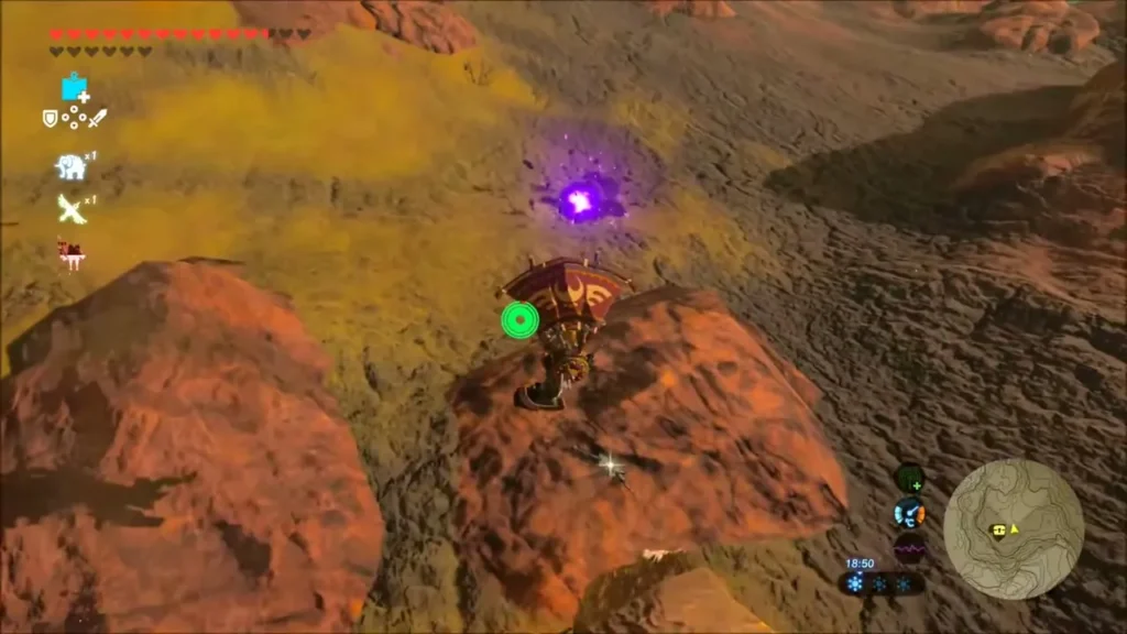 Link gliding over a rock beside a glowing Malice pod Link gliding over a rock beside a glowing Malice pod