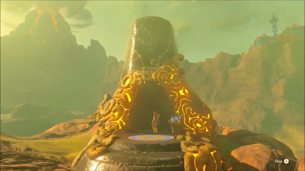 Link standing at the entrance of Mo'a Keet Shrine on a hilltop under Death Mountain Link standing at the entrance of Mo'a Keet Shrine on a hilltop under Death Mountain