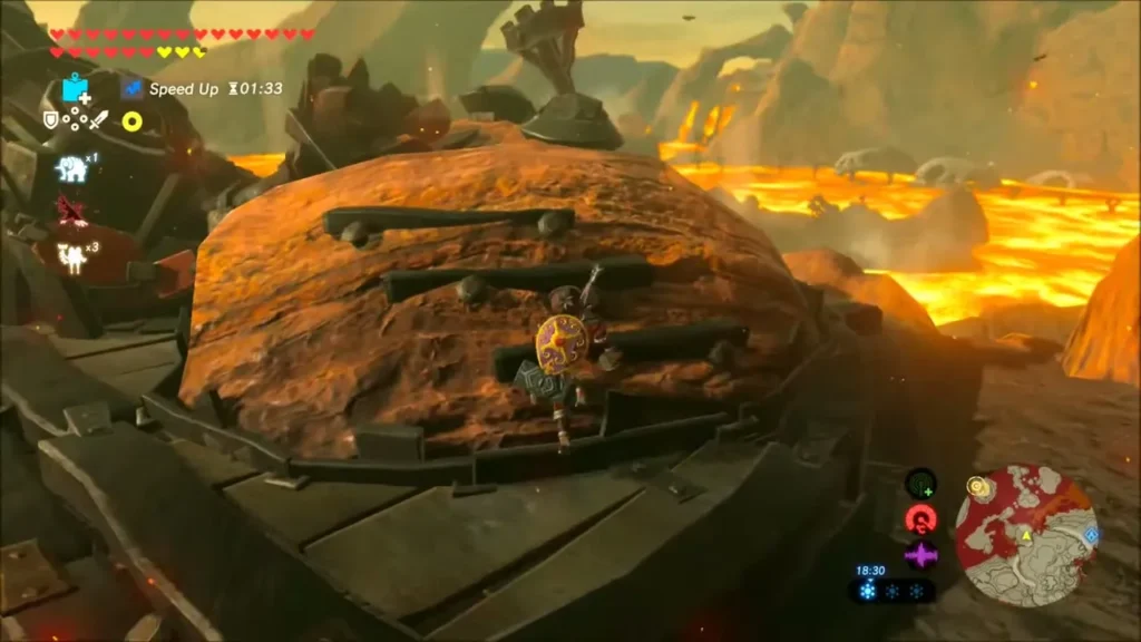 Link climbing the mine cannon with a lava lake beyond Link climbing the mine cannon with a lava lake beyond