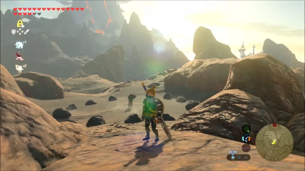 Link standing on the high plateau among boulders after the memory ends Link standing on the high plateau among boulders after the memory ends