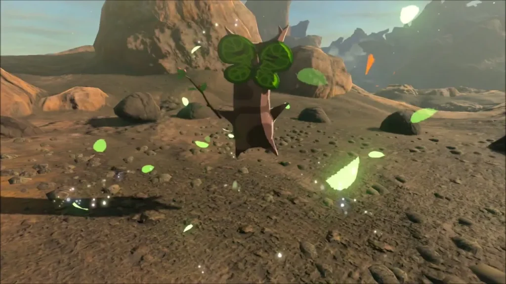 A Korok revealed in a burst of green leaves on the sandy rock plateau A Korok revealed in a burst of green leaves on the sandy rock plateau