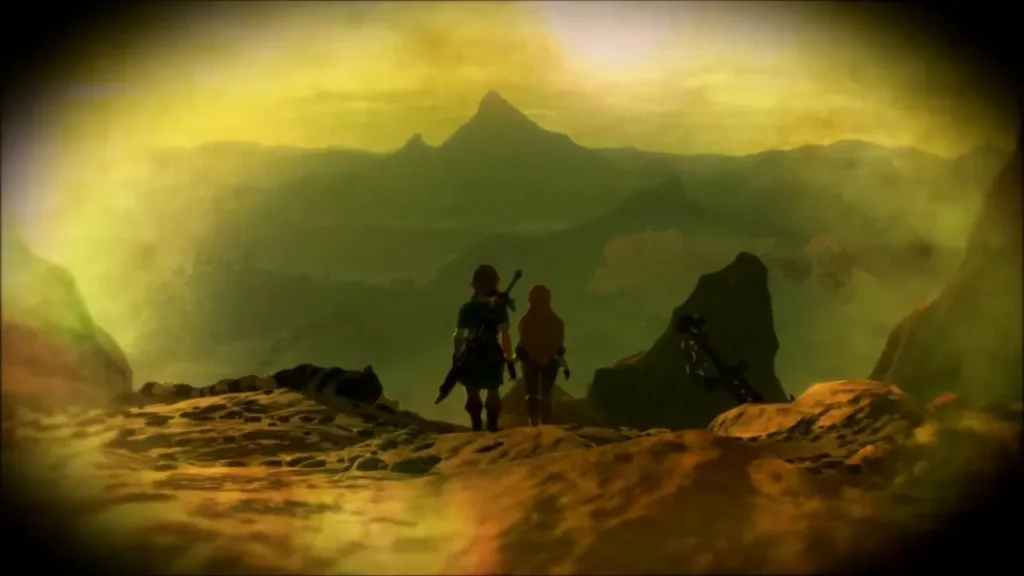 In the memory, Link and Zelda stand together looking out over the mountains In the memory, Link and Zelda stand together looking out over the mountains