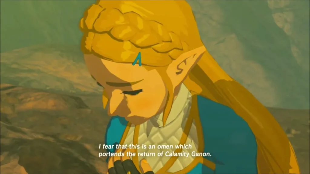 Zelda closing her eyes in the memory A Premonition, fearing the return of Calamity Ganon Zelda closing her eyes in the memory A Premonition, fearing the return of Calamity Ganon