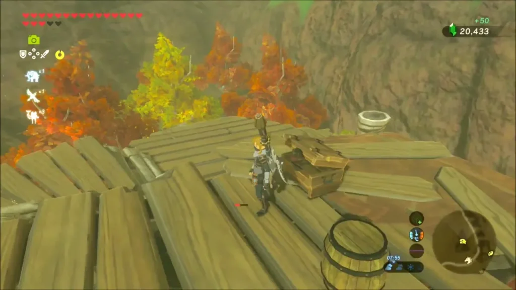 Link beside the opened chest on the camp platform after picking up 50 rupees Link beside the opened chest on the camp platform after picking up 50 rupees