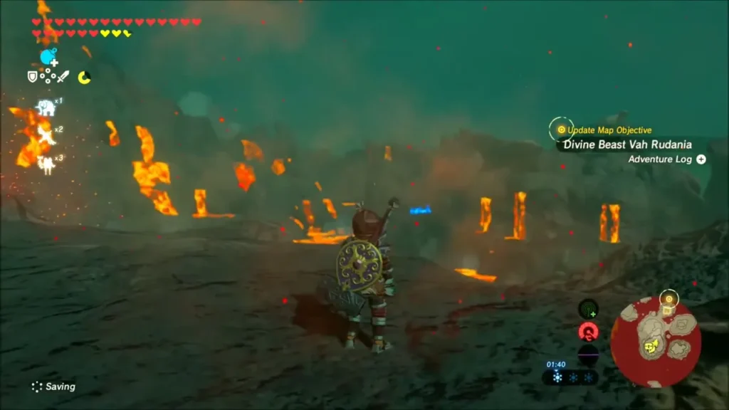 Link on the lava-lit ground as the objective updates to Divine Beast Vah Rudania Link on the lava-lit ground as the objective updates to Divine Beast Vah Rudania