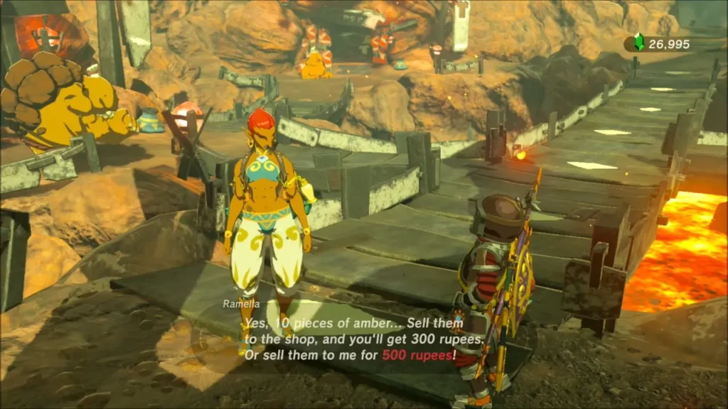 Ramella offering 500 rupees for ten pieces of amber on the Goron City bridge Ramella offering 500 rupees for ten pieces of amber on the Goron City bridge