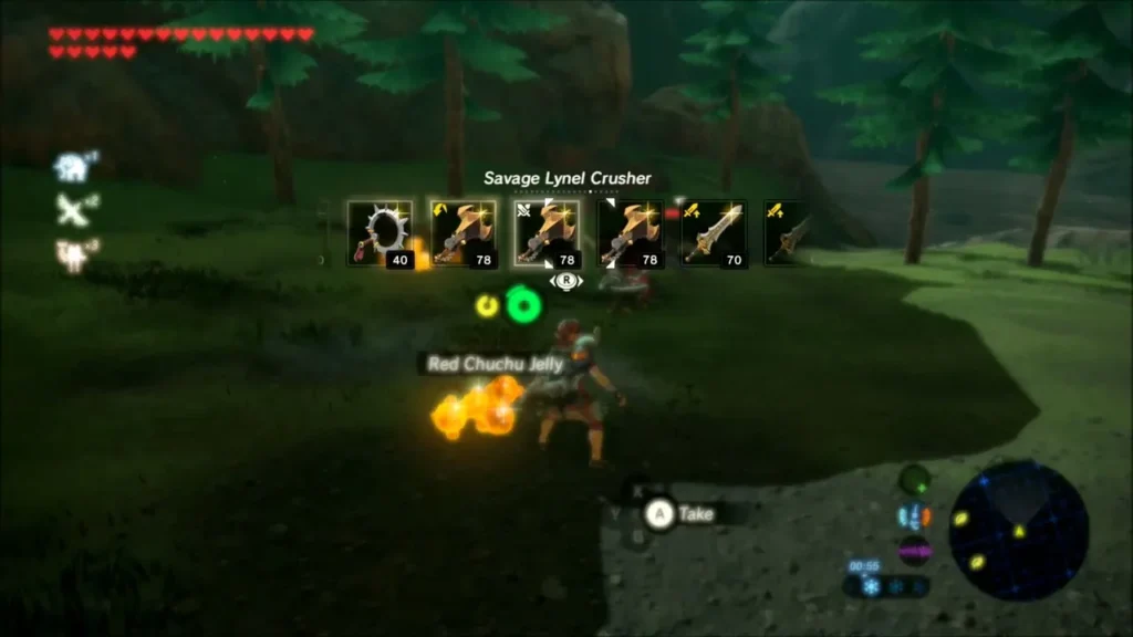 Link picking up glowing Red Chuchu Jelly in a forest clearing Link picking up glowing Red Chuchu Jelly in a forest clearing