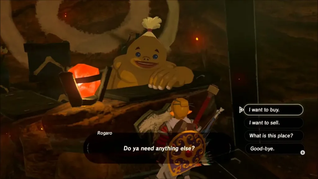 Rogaro leaning on his counter as Link chooses to buy or sell Rogaro leaning on his counter as Link chooses to buy or sell
