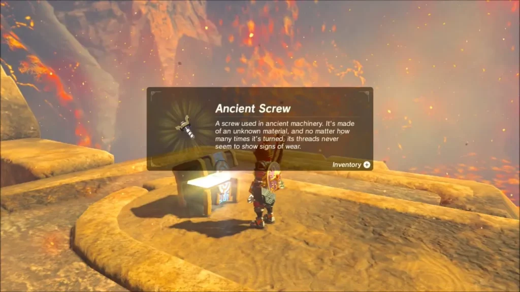 Link opening the tail chest on Vah Rudania and receiving an Ancient Screw Link opening the tail chest on Vah Rudania and receiving an Ancient Screw