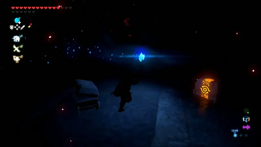 Link carrying a torch lit at a blue flame past a chest and a glowing red eye Link carrying a torch lit at a blue flame past a chest and a glowing red eye