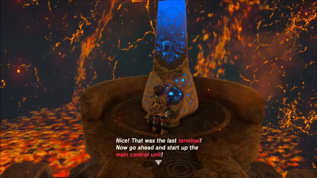 Link activating the last terminal above the lava on Vah Rudania Link activating the last terminal above the lava on Vah Rudania