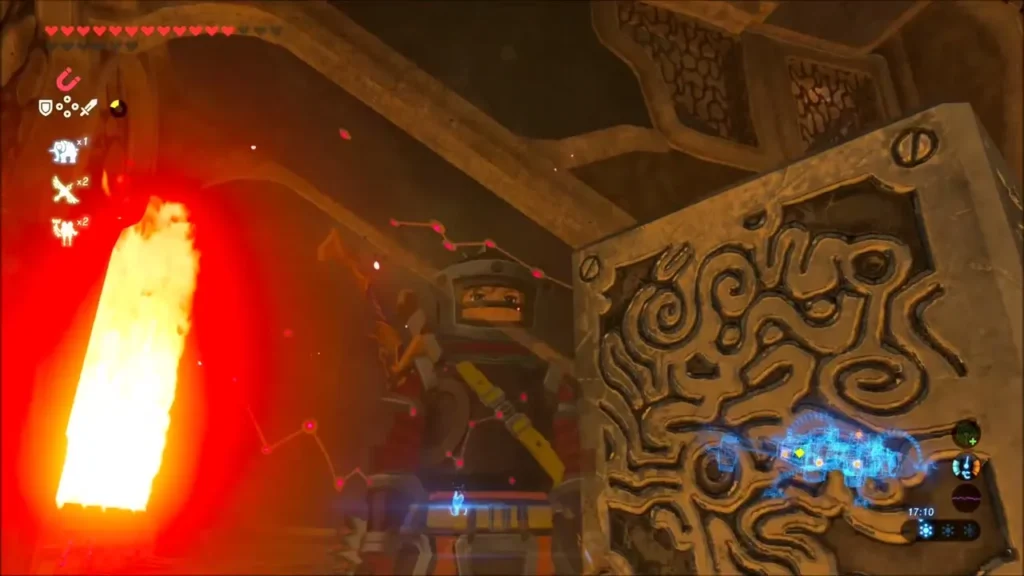 Link beside a metal door and a flame jet inside Vah Rudania Link beside a metal door and a flame jet inside Vah Rudania