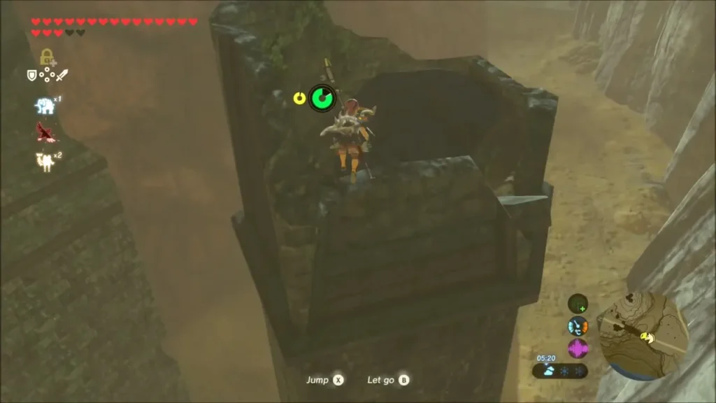 Link reaching the top of the ruined wall above the canyon Link reaching the top of the ruined wall above the canyon
