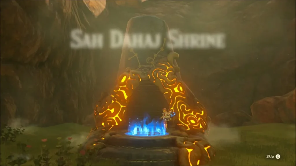 Sah Dahaj Shrine entrance glowing orange with Link at the blue travel pad Sah Dahaj Shrine entrance glowing orange with Link at the blue travel pad