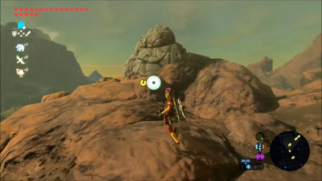 Link beside a boulder on the crag with a Korok marker glowing beside it Link beside a boulder on the crag with a Korok marker glowing beside it