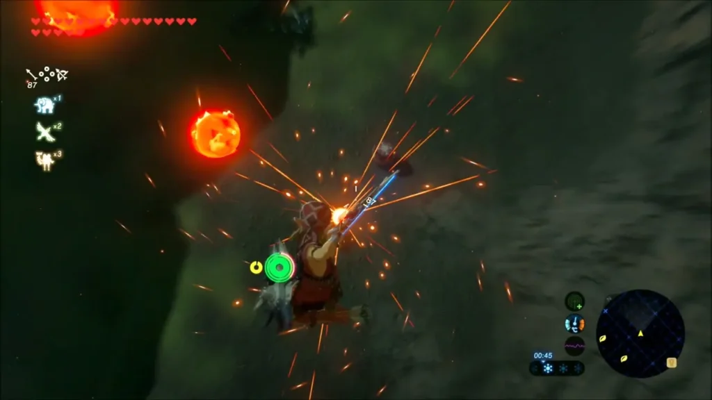 Link gliding and firing an arrow at a fiery Red Chuchu on a dark slope Link gliding and firing an arrow at a fiery Red Chuchu on a dark slope