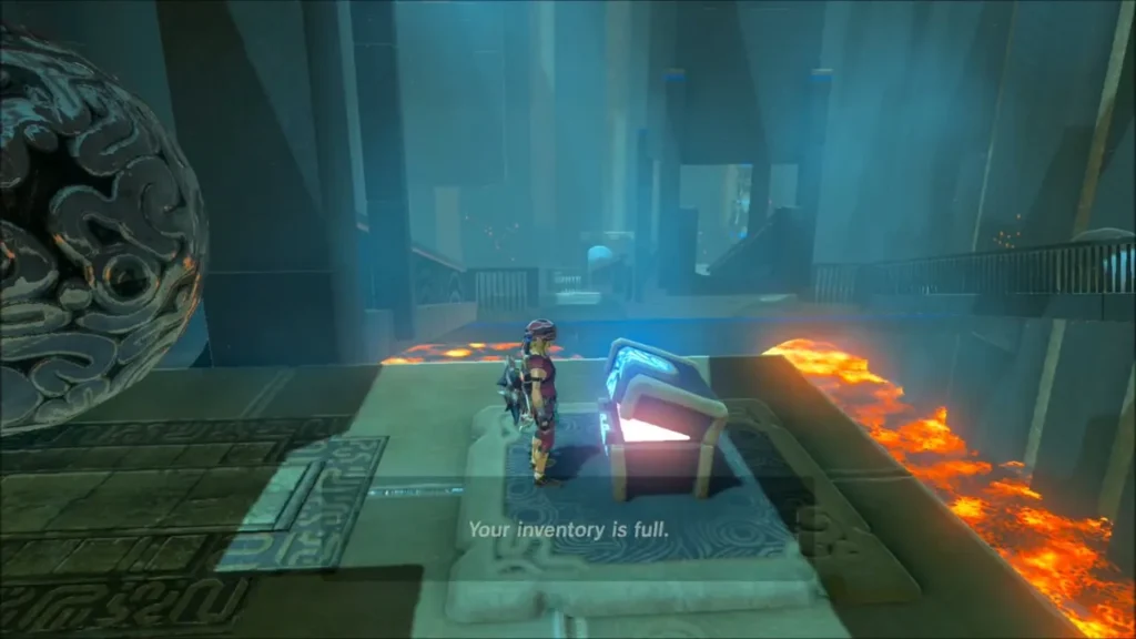 Link beside an opened glowing chest on a ledge above lava with a boulder behind him Link beside an opened glowing chest on a ledge above lava with a boulder behind him