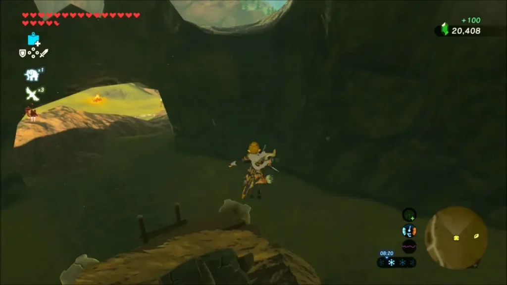 Link dropping from the lookout as +100 Rupees registers Link dropping from the lookout as +100 Rupees registers