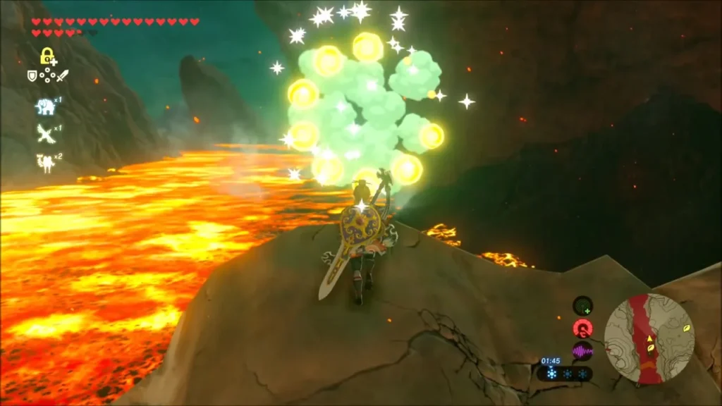 A Korok seed burst of green and gold light on the rock inside the lava skeleton A Korok seed burst of green and gold light on the rock inside the lava skeleton
