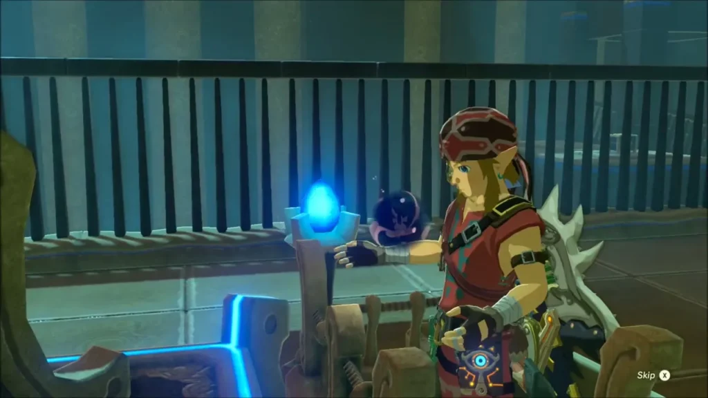 Link holding up a glowing blue Spirit Orb from Mo'a Keet Link holding up a glowing blue Spirit Orb from Mo'a Keet