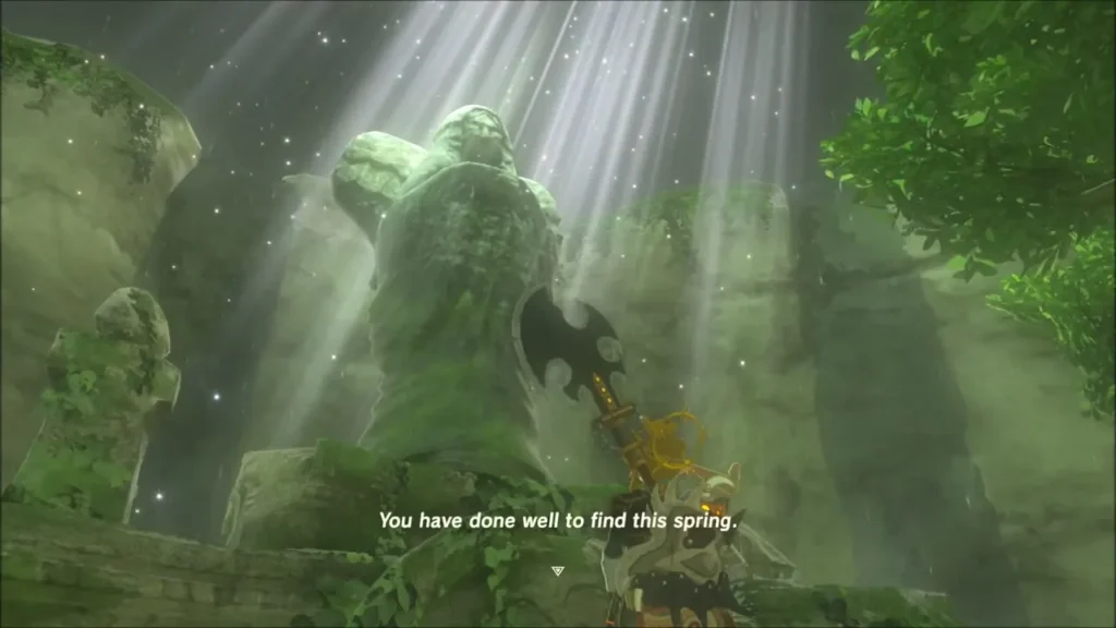 Link speaking to the mossy goddess statue at the Spring of Power Link speaking to the mossy goddess statue at the Spring of Power