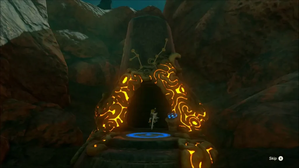 Link at the glowing orange entrance of Tah Muhl Shrine Link at the glowing orange entrance of Tah Muhl Shrine