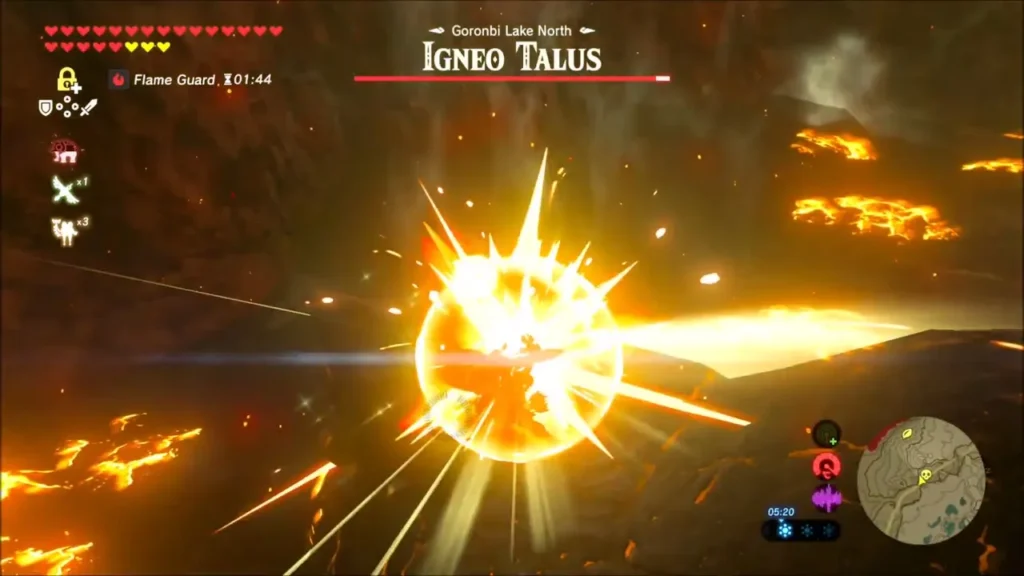 Link striking the Igneo Talus in a flash of light with its health bar at the top Link striking the Igneo Talus in a flash of light with its health bar at the top