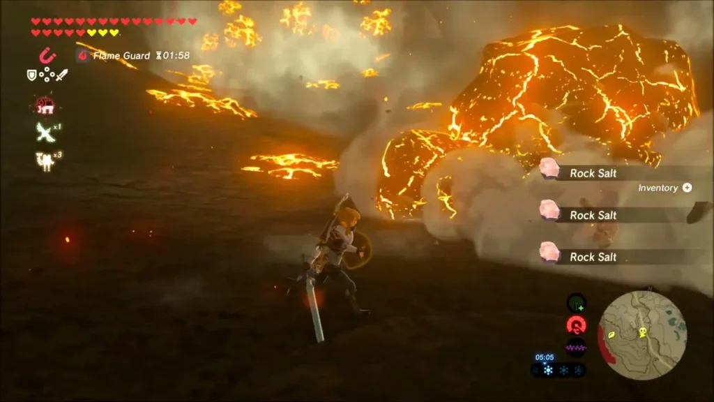 Link beside the glowing Igneo Talus as rock salt drops from its ore Link beside the glowing Igneo Talus as rock salt drops from its ore