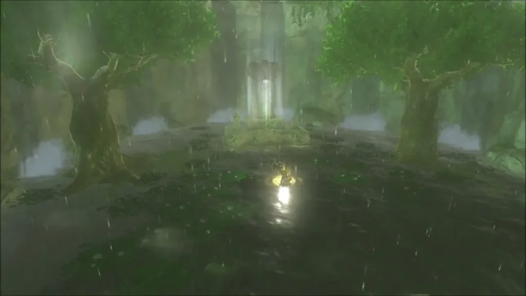 The shrine entrance glowing beyond the spring pool after the quest completes The shrine entrance glowing beyond the spring pool after the quest completes