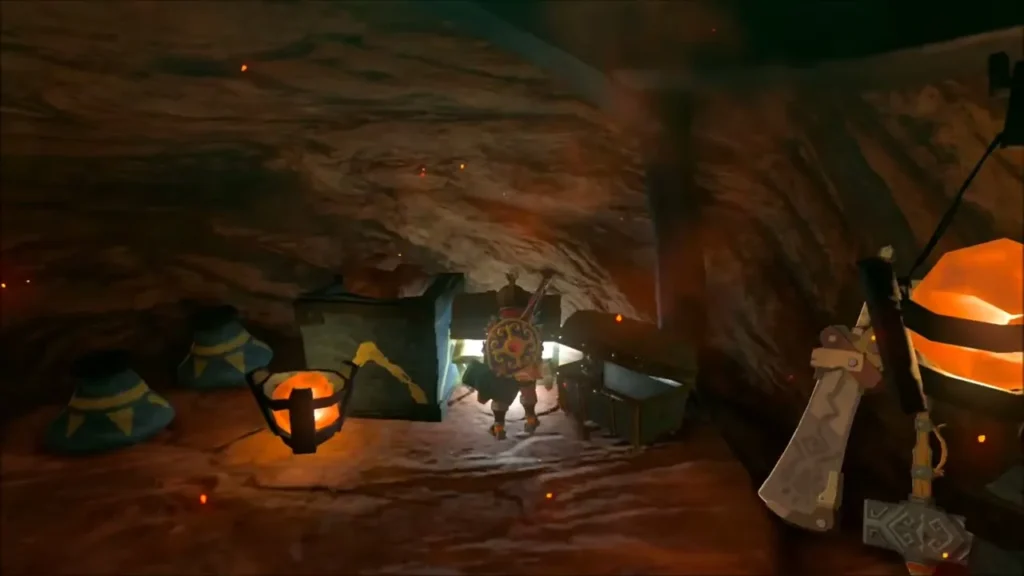 Link walking past the open chests and lanterns inside the vault Link walking past the open chests and lanterns inside the vault